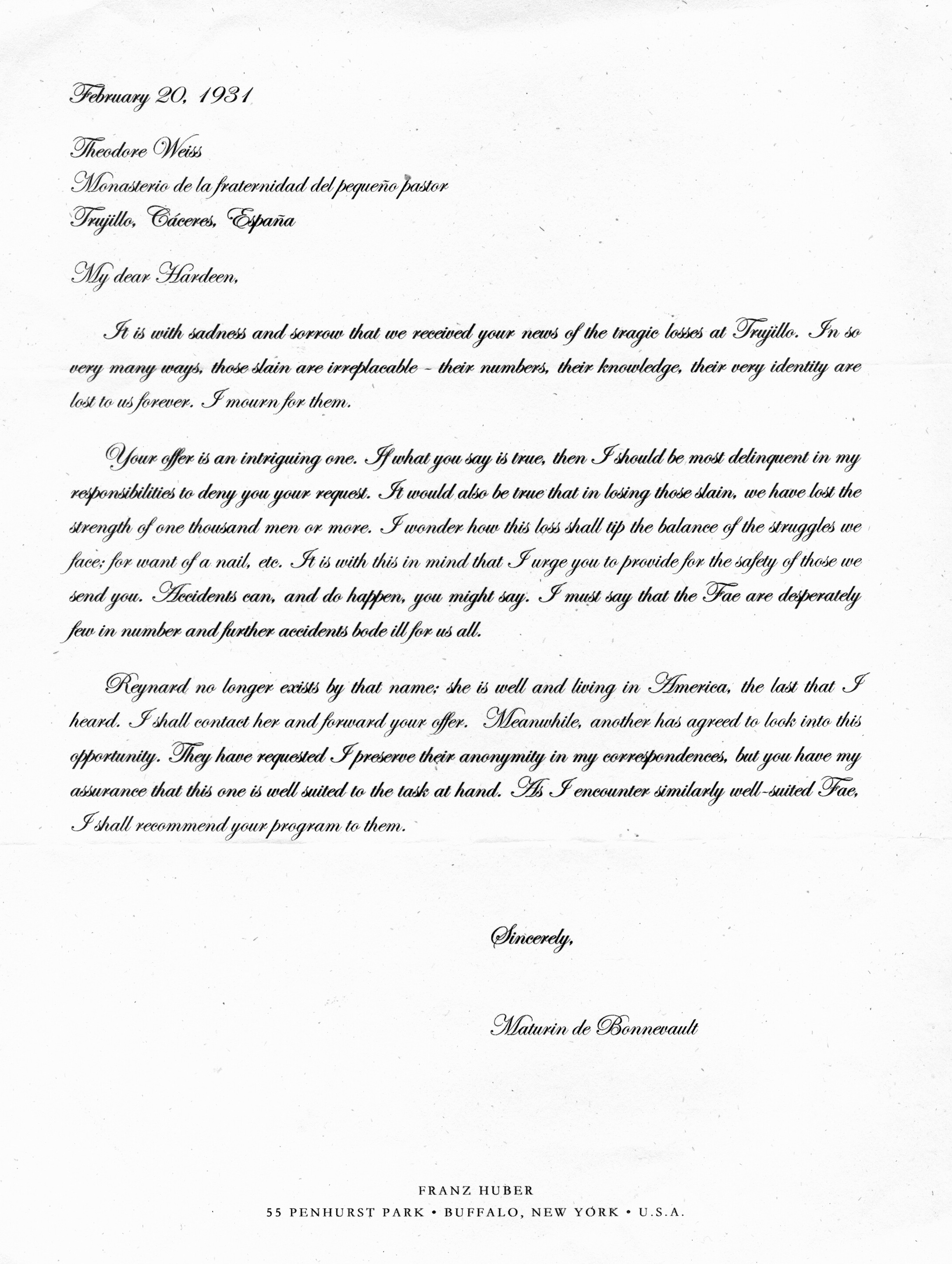 Letter From De Bonnevault To Hardeen