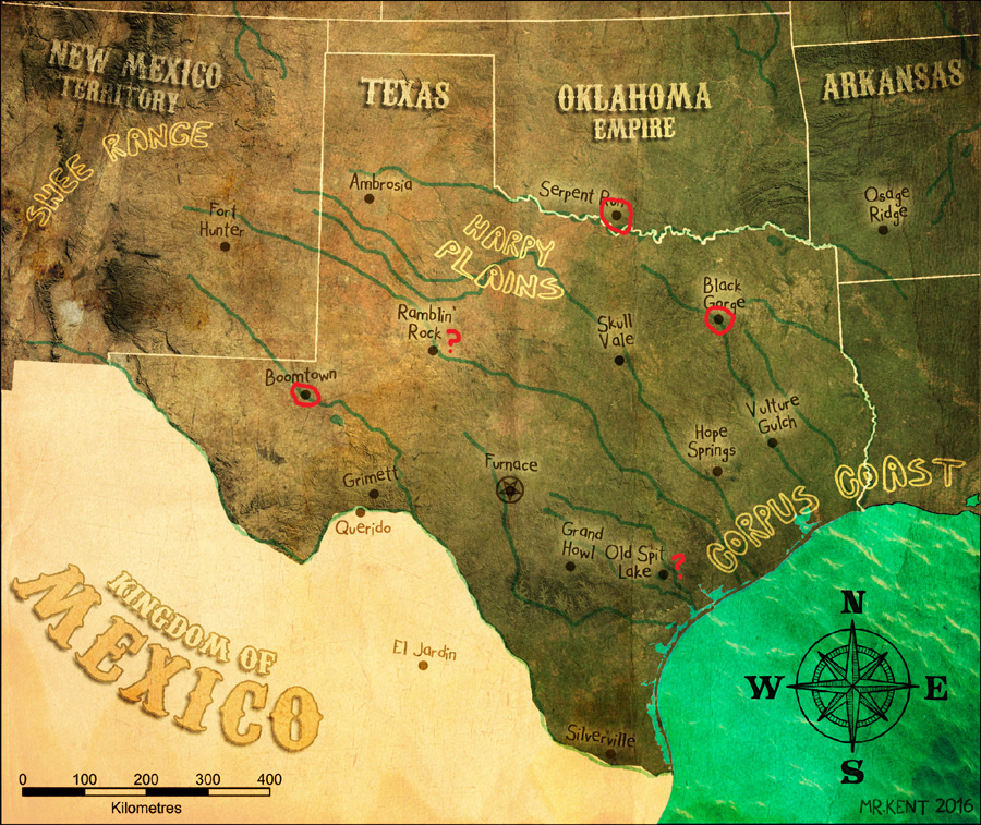 Map of Texasland and Points of Curiosity on the Owl Hoot Trail